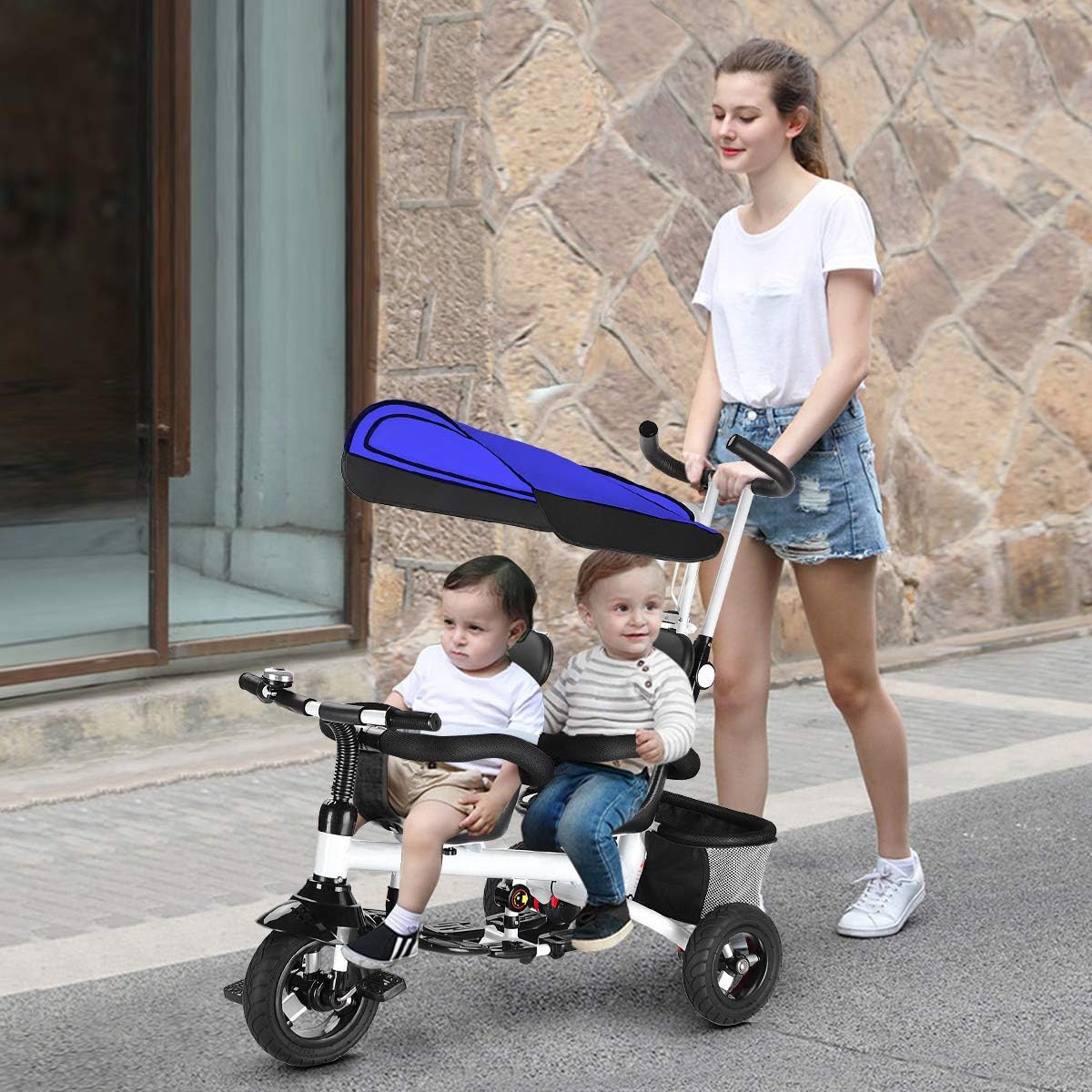 Amazon.com: Baby Joy 4 en 1 Twins Kids Baby Triciclo 2 niños bicicleta con seguridad doble asiento giratorio, toldo desmontable, pedales plegables, cesta de almacenamiento ampliada, para niños de 1 a 5