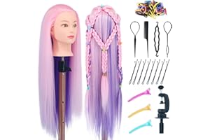 Mannequin Head with Hair, Eumos 29'' Doll Head for Hair Styling Training Head Manikin Practice Cosmetology Doll Head Styling Hairdressing Training Braiding Heads with Clamp Holder (Pink Purple)