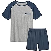 MoFiz Men's Sleep Sets,Modal Pajamas Set Ultra Soft Sleepwear Short Sleeve Top & Bottom PJS Lounge Set 2 pieces