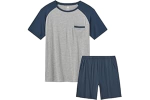 MoFiz Men's Sleep Sets,Modal Pajamas Set Ultra Soft Sleepwear Short Sleeve Top & Bottom PJS Lounge Set 2 pieces