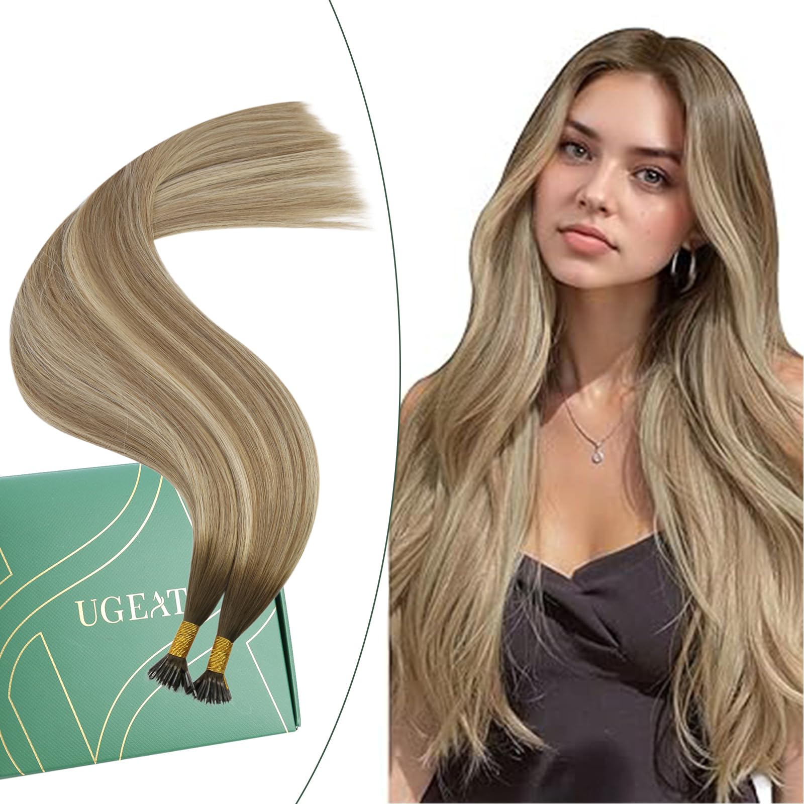 Ugeat Ombre Nano Bead Hair Extensions Human Hair Dark Brown Fading to Light Brown Mix Medium Blonde Nano Link Extensions Balayage Straight 14inch 50G 50S #3/8/22 โ image 1