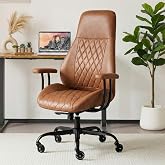 E-Motie Leather Office Chair, Mid Century Modern Desk Chair, Brown | Ergonomic, Lumbar Support, 360&deg; Swivel &amp; Rolling Wheels, Adjustable Height, for Adults &amp; Women