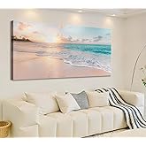 Beach Canvas Wall Art - Sunset Ocean Picture Green Nature Seascape Painting Print for Kitchen, Bedroom, Living Room Decoration, Large Coastal Artwork Poster for Wall Decor 20"x40"