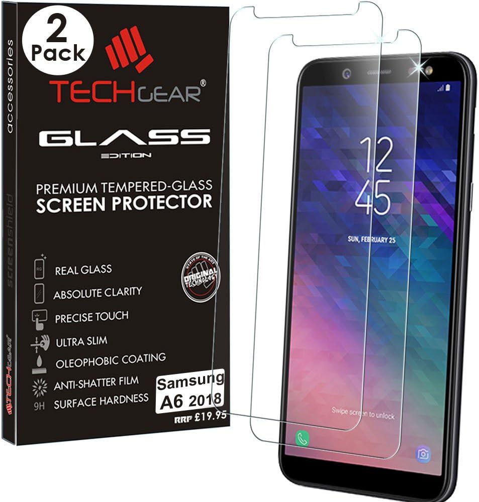TECHGEAR [2 Pack] GLASS Edition for Galaxy A6 (SM-A600 Series) - Genuine Tempered Glass Screen Protectors Guard Covers Compatible with Samsung Galaxy A6 2018