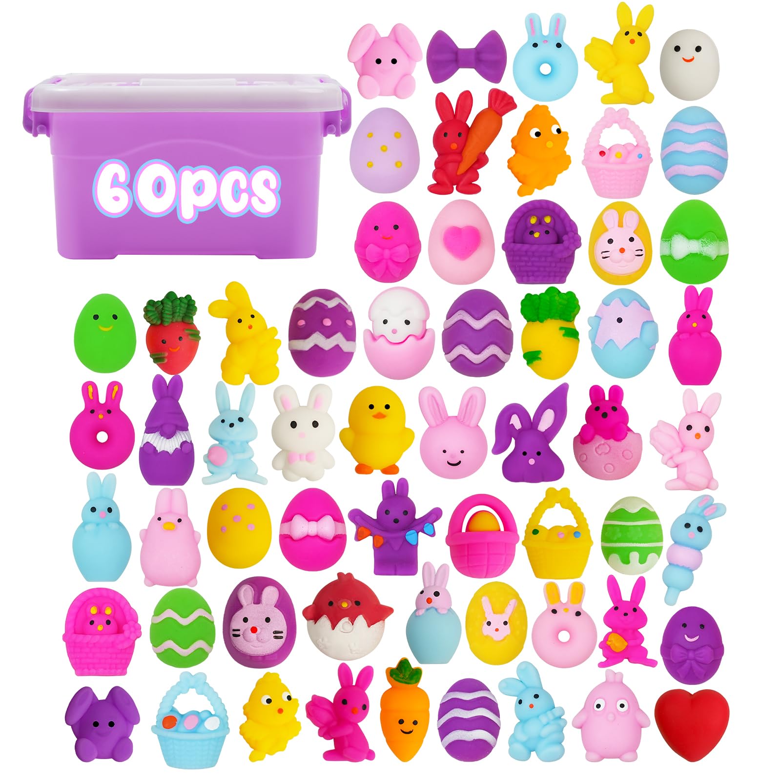 EUOCENK 60PCS Easter Mochi Squishy Toys for Kids, Easter Animal Sensory Fidget Toys for Toddlers & Teens, Easter Squishies Bulk for Hunt Game, Easter Basket Stuffers, Classroom Prizes, Party Favors
