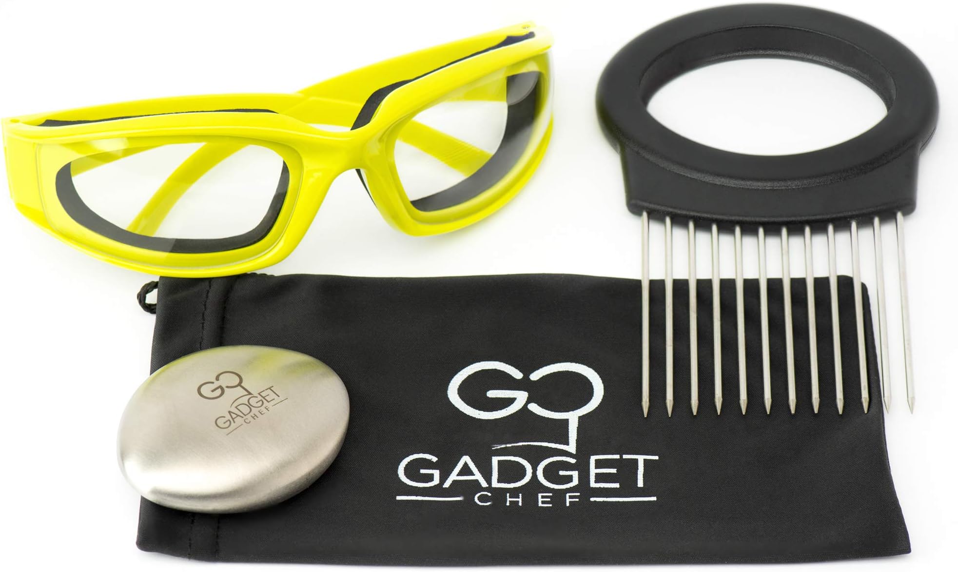 Onion Goggles Onion Holder Set – Includes Tear Free Anti Fog Onion Glasses with Free Micro Fiber Case, All in one Stainless Steel Onion Holder with Odor Remover. Must Have Kitchen Gadget Set (Green)