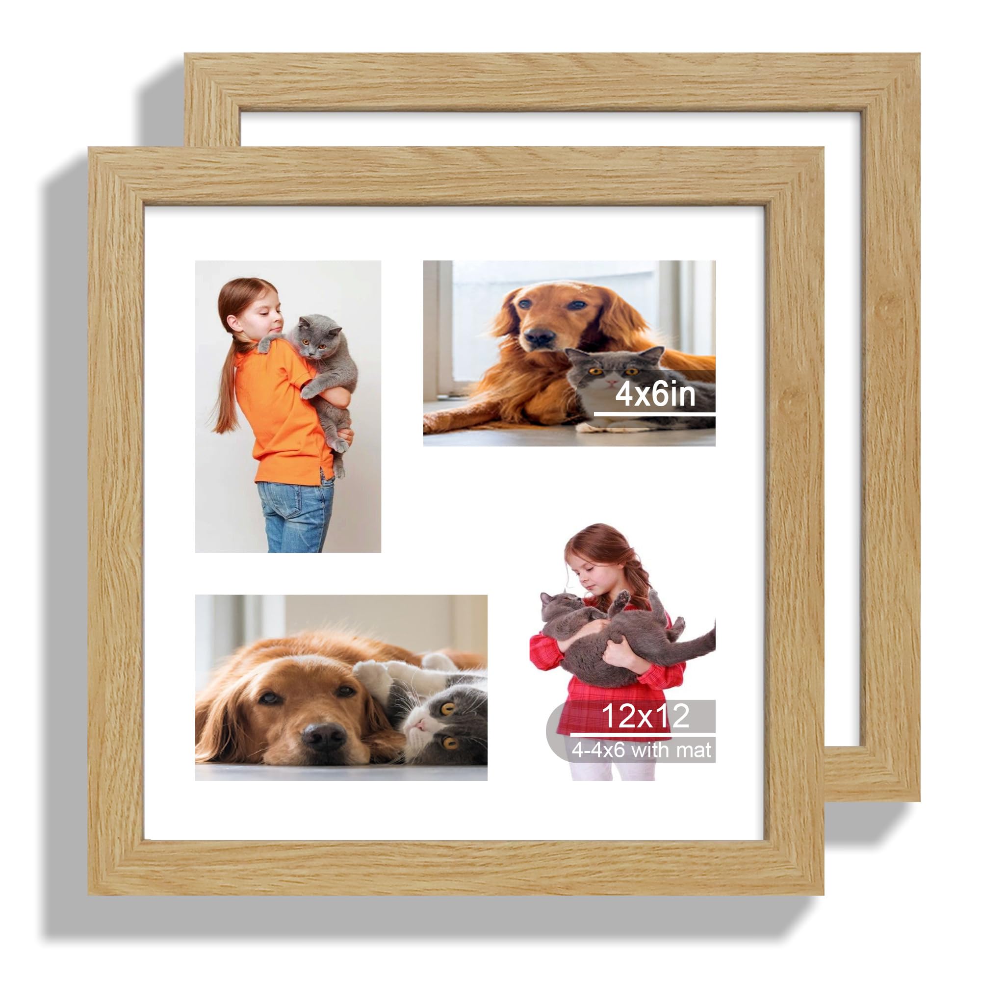Photo 1 of Hongkee 12x12 Picture Frame Set of 2, Natural Oak Wood Frame with Glass Collage Frame, Display Pictures 4-4x6 With Mat or 12 x 12 Without Mat, Square Photo Frames Collage for Wall Hanging or Tabletop
