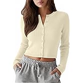 Neer Women's Cropped Cardigan Cotton Ribbed Knit Long Sleeve Top Crew Neck Cardigan Open Front Button Down Shirt