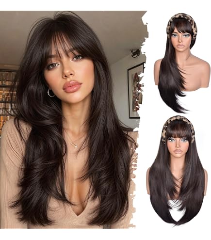 Long Dark Brown Wig with Bangs for Women 4x4 Realistic Scalp Free Parting Amazon.com : XIXIBI Brown Wig with Bangs for Women,Long  main image 3