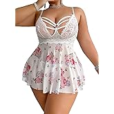 JuicyRose Women Plus Size Lace Lingerie Flower Print Nightwear Hollow Out Babydoll Chemise Sleepwear