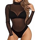 MANGOPOP Women's Mesh Bodysuit Sheer Geo Print Short Sleeve Long Sleeve Body Suit Sexy See Through Shirt Tops