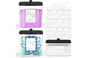 COAZEX 3 Pack Plastic Laundry Pods Container & Dryer Sheet Holder, Laundry Room Organization and Storage Jars with Lids, Scoops & Labels for Detergent, Powder, Scent Booster(Black Lid)
