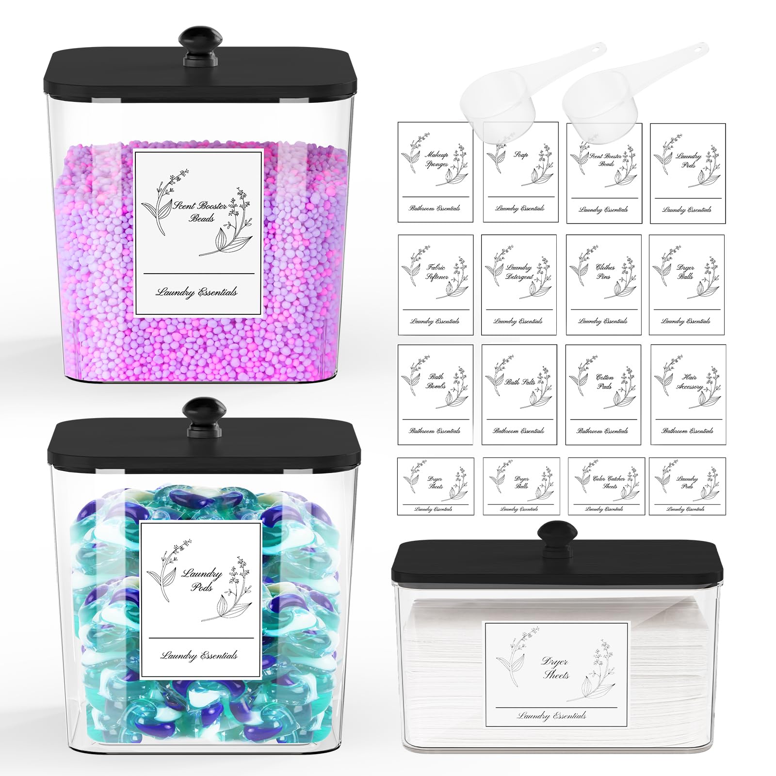 Photo 1 of COAZEX 3 Pack Plastic Laundry Pods Container & Dryer Sheet Holder, Laundry Room Organization and Storage Jars with Lids, Scoops & Labels for Detergent, Powder, Scent Booster(Black Lid)