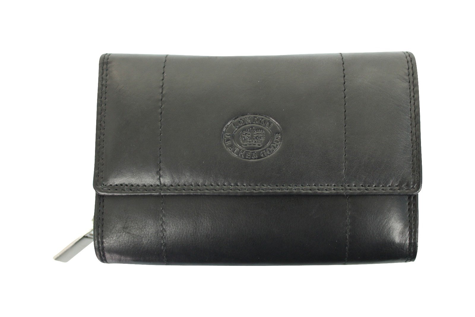 Ladies Quality Black Leather Zip Round Purse With Front Flap And 19 Credit Card Swing Section