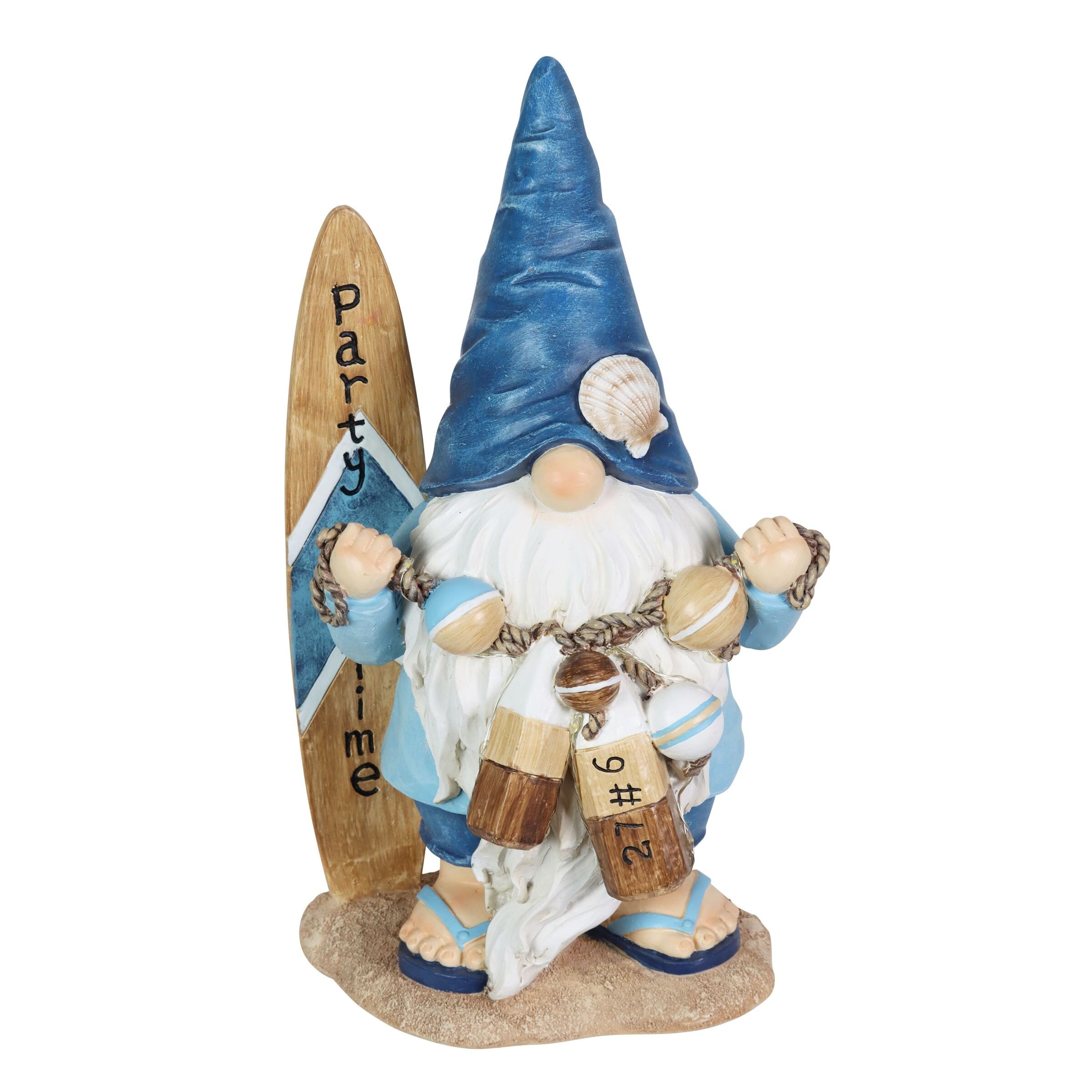 Photo 1 of ** BROKEN ARM**. Exhart Garden Gnome, Solar Surfer Party Time Garden Sculpture with Surfboard Sign, LED Lights, Outdoor Lawn and Yard Decoration, 7 x 6 x 12.5 Inch
