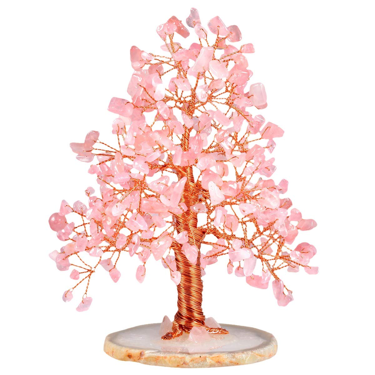 mookaitedecor Natural Rose Quartz Tumbled Stone Money Tree, Gemstone Feng Shui Ornament Healing Crystal Tree of Life Gift Pink Bedroom Living Room Accessories Good Luck Decoration, Agate Slice Stand
