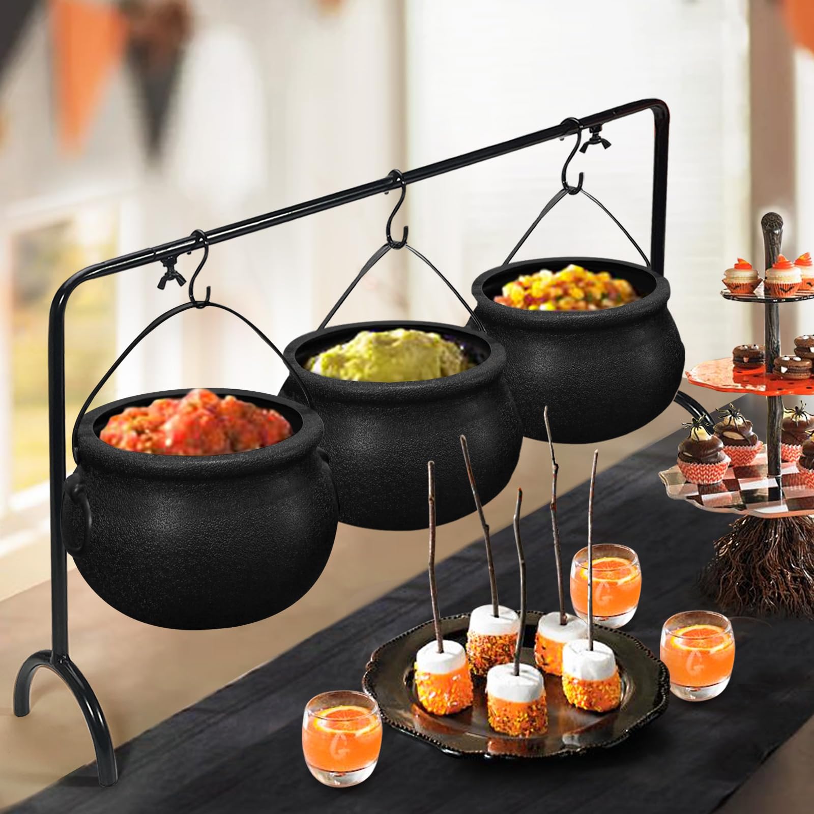 Photo 1 of ORIENTAL CHERRY Halloween Decor - Halloween Party Decorations - Set of 3 Witches Cauldron Serving Bowls on Rack - Black Plastic Cauldron for Indoor Outdoor Home Kitchen Decoration
