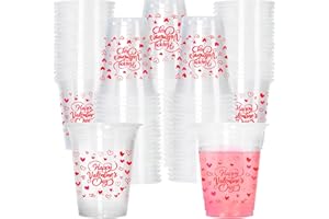 joy akkess 50pcs 12oz Valentine's Day Plastic Cups - Romantic Love Themed Plastic Disposable Cups - Pink Red Clear Beverage C