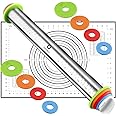 Rolling Pin and Pastry Baking Mat Set, Rolling Pins with Adjustable Thickness Rings, Stainless Steel Dough Roller for Baking 