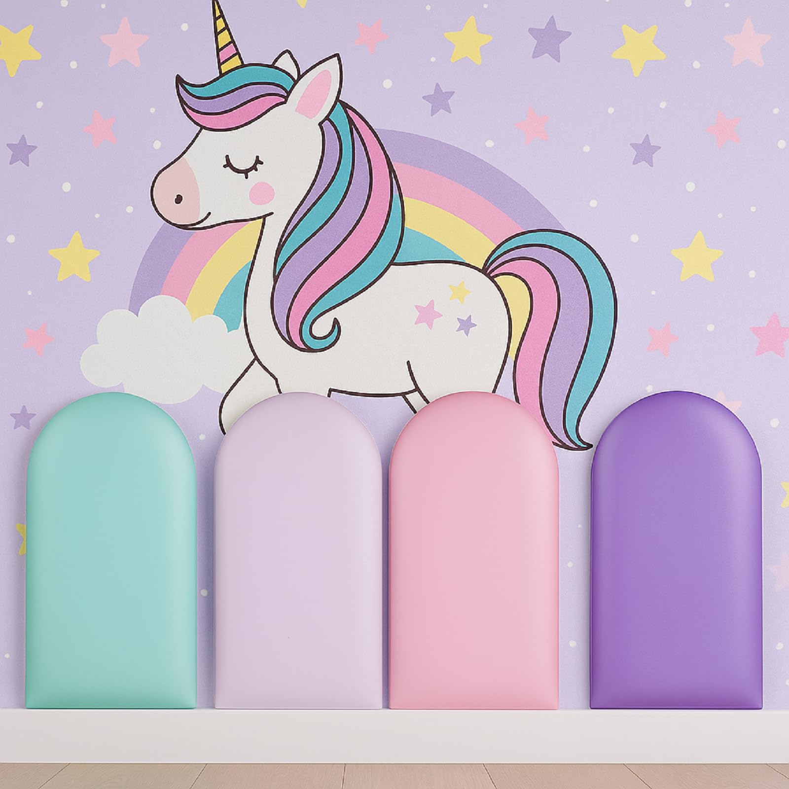 Photo 1 of Jetec 4 Pcs Wall Padding for Kids with Autism Playroom Anti Collision 3D 15.75 x 7.87 Inch Peel and Stick Headboard Upholstered Wall Panels for Nursery Protection(Unicorn Series)