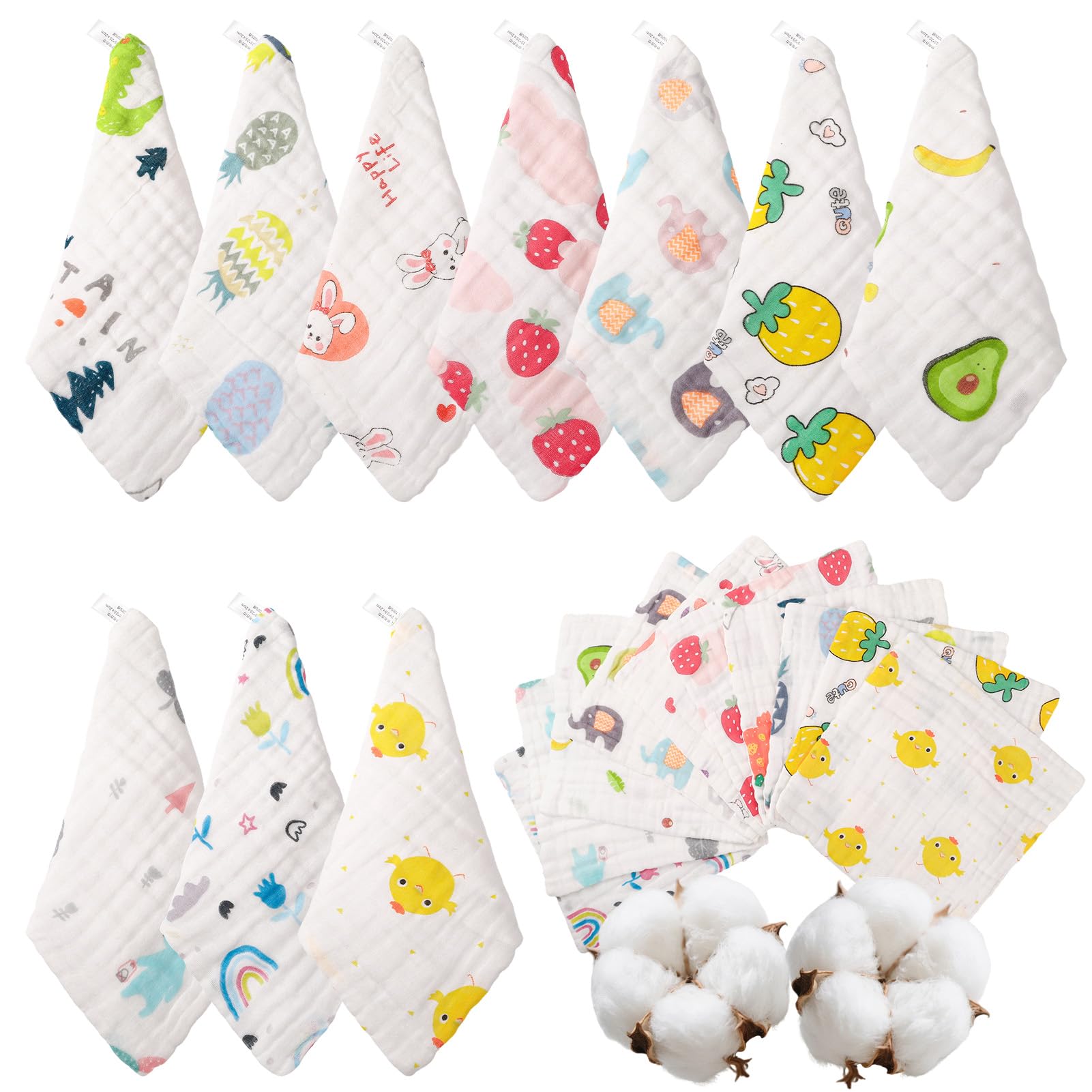 saerryor 10PCS Cotton Muslin Squares for Baby, 25 * 25cm Extra Soft Reusable Baby Wash Cloths, 6 Layers Organic Cotton Baby Towels Burp Cloths with Printed Design for Newborn