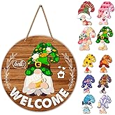 Interchangeable Gnome Welcome Sign St. Patrick's Day Porch Decor, Changeable Wooden Gnomes Front Door Decoration Wreath Hanger for Spring Summer Fall Winter All Seasons Holiday, Red Brown