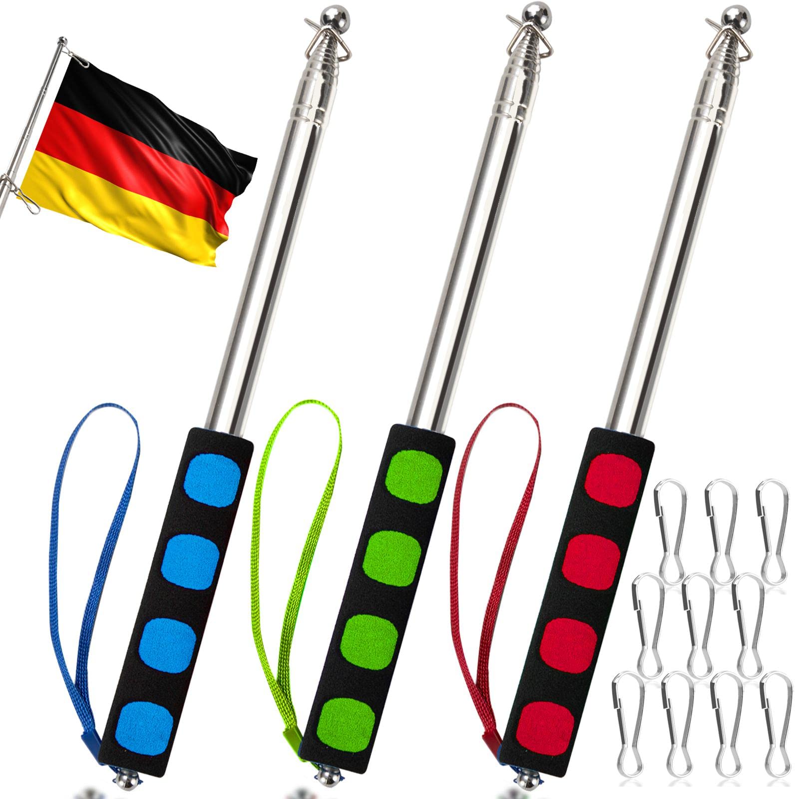 Heveer Telescopic Flag Pole 3pcs 2M Stainless Steel Handheld Flag Pole Portable Extendable Flag Pole with 10 Pieces Flag Pole Clips for Teacher Classroom Tour Guide Banner Flag