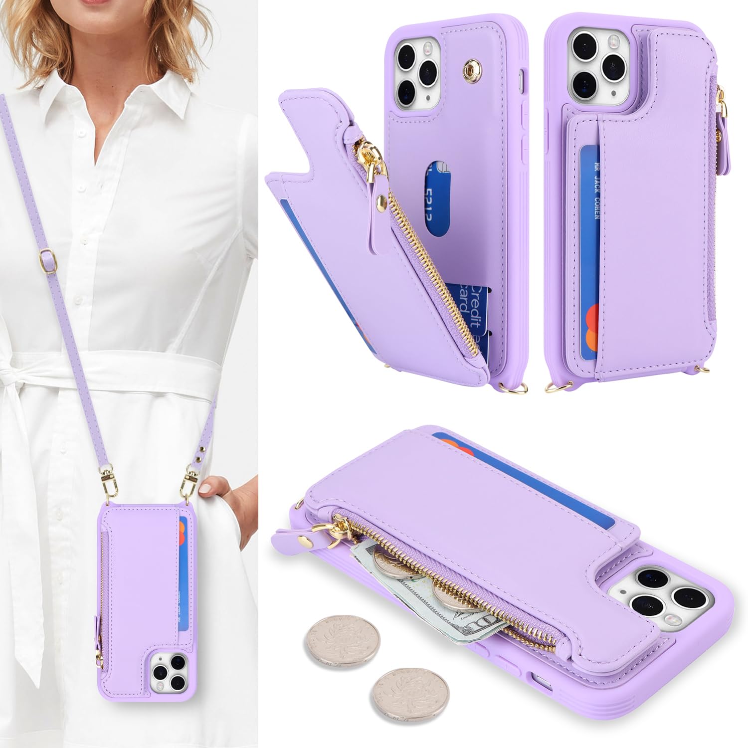 SailorTech for iPhone 11 Pro Max Phone Case with Credit Card Holder for Women, iPhone 11 Pro Max Leather Case Wallet Crossbody with Credit Card Slots Zipper Shockproof Case for Men - Purple