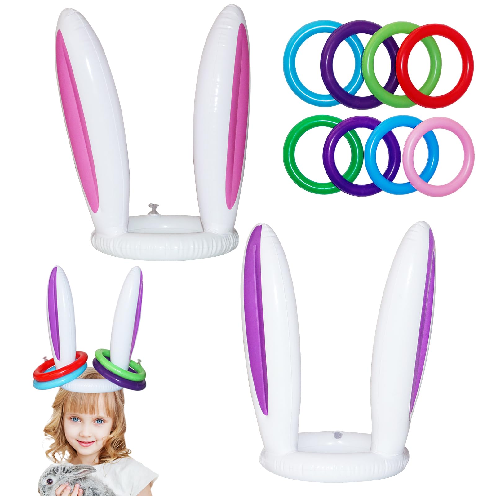 2 Sets Easter Party Toss Game Inflatable Bunny Rabbit Ears Hat Rings Toss Toys,Easter Inflatable Ring Toss Games Target Toy Easter Gifts for Kids,Adults Family Indoor Outdoor Game Easter Party Favors