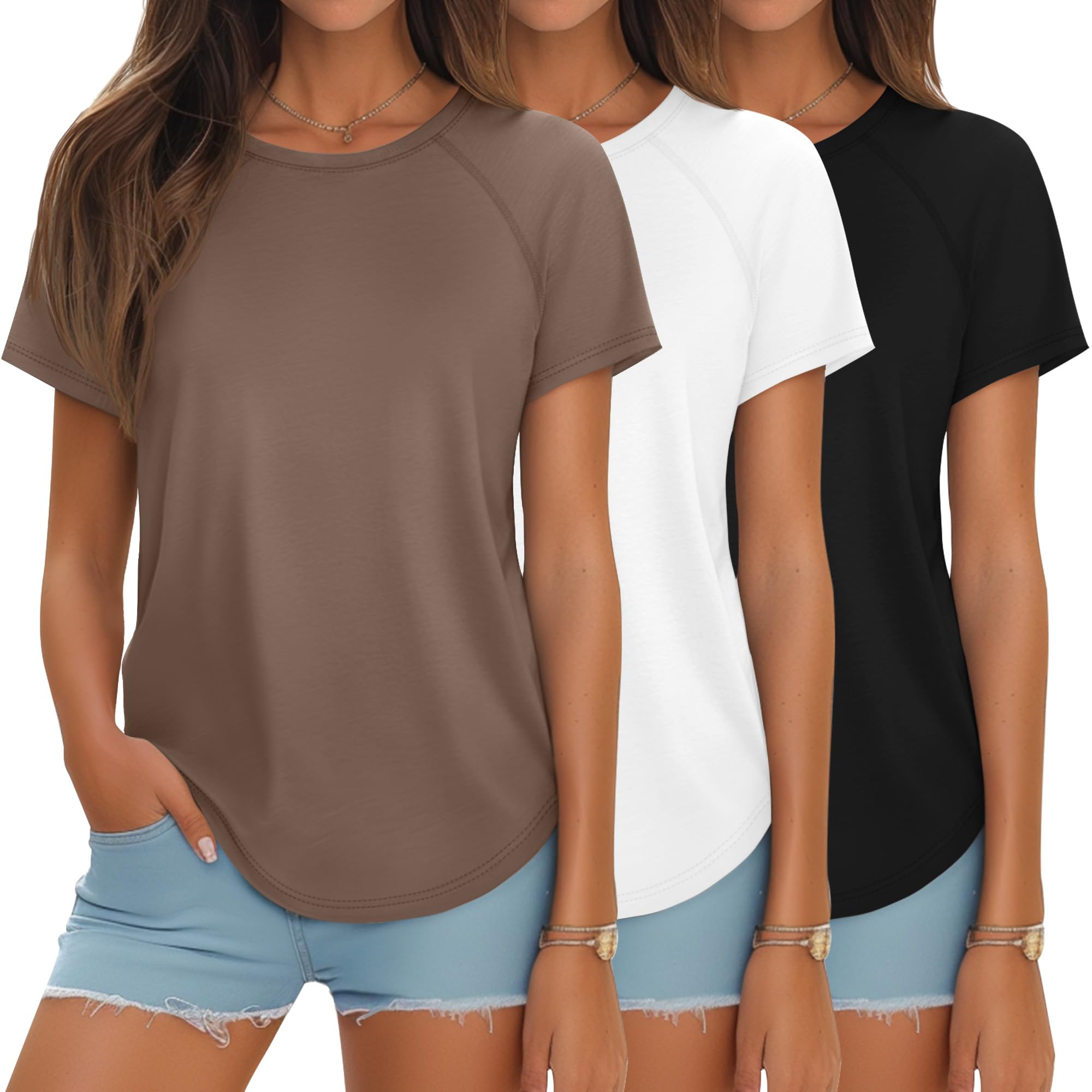 Photo 1 of Ficerd 3 Pcs Women Short Sleeve Shirts Curved Hem Top Round Neck Tunics Side Split Summer for Women(XL,Black, White, Light Brown)
