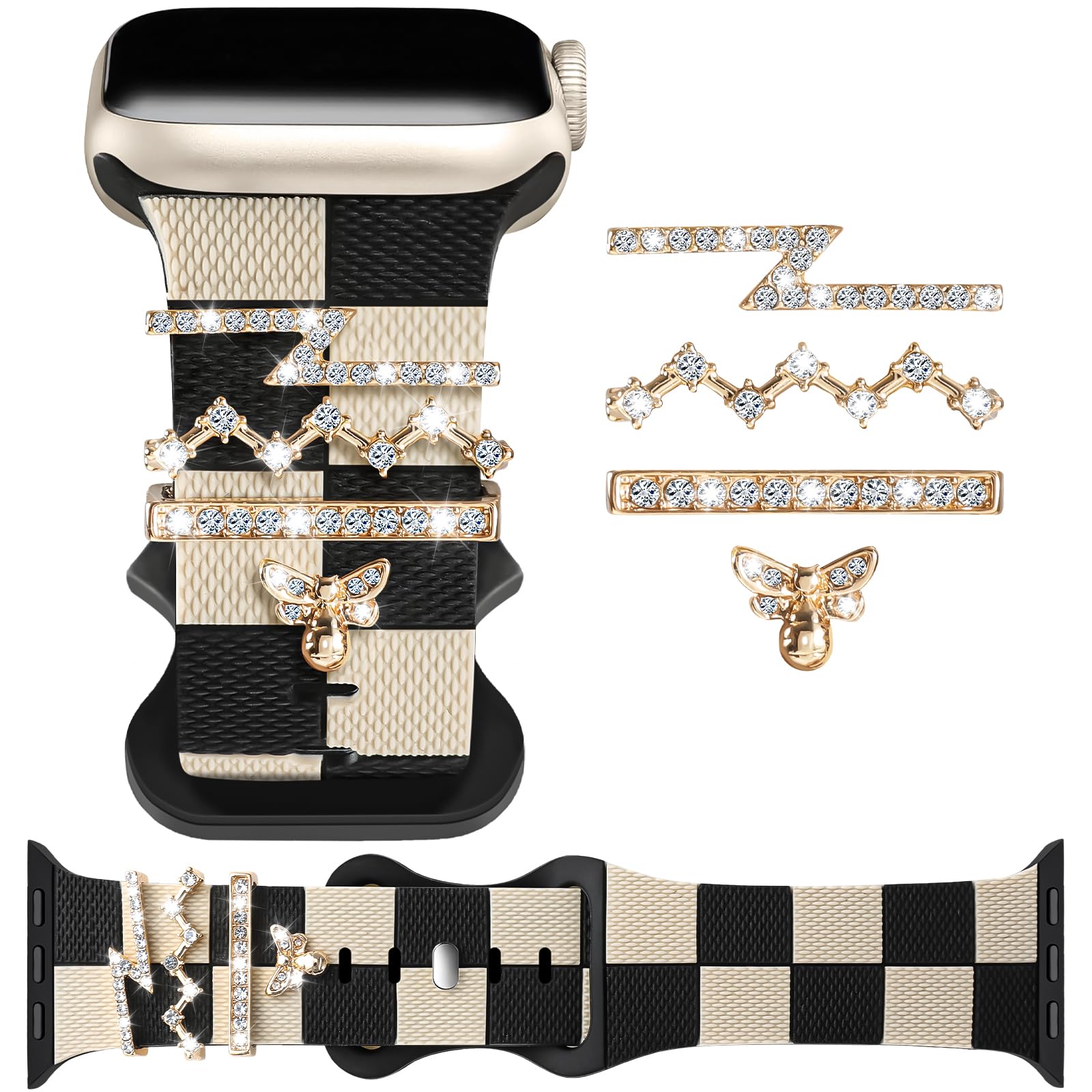 Soft Strap for Series 11 Apple Watch Band 42mm 41mm 40mm 38mm with Gold Bling Bee Charm, Stylish Soft Silicone Bracelet for iWatch Bands Series 10 9 8 7 6 5 4 3 SE SE2 SE3, Designer Wristband for Women Black