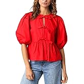 Joiemont Womens Puff Sleeve Tie Front Blouse Tie Front Half Sleeve Top