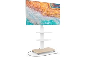 FITUEYES Rolling TV Stand with Power Outlets, Swivel Portable TV Stand for 32-70Inch LCD LED OLED Flat/Curved Panel Screen TVs, Height Adjustable&Wood Base, Mobile TV Cart with 2 Shelves