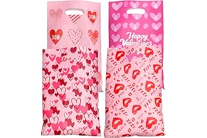 Jocomoni 100Pcs Valentine's Day Gift Bag Plastic Treat Bag with Handle Valentines Candy Bags Heart Goodie Bags for Valentine'
