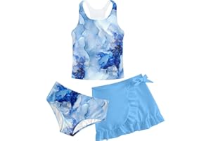 LOVEKIDER Girls Swimsuits 3 Piece Tankini Bathing Suit Set Cute Bikini Swimwear with Cover Ups Beach Skirt 5-16 Years