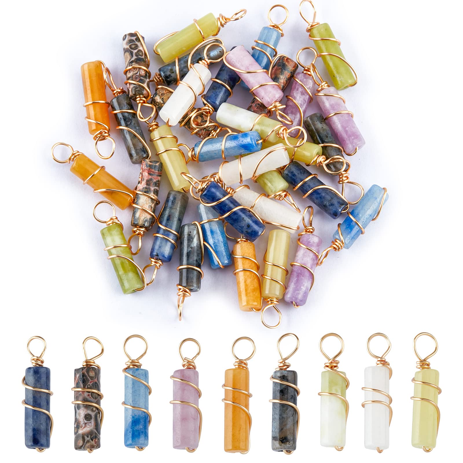 SUPERFINDINGS 36Pcs 9 Styles Column Gemstone Charms 20mm Natural Mixed Stone Pendants with Light Gold Tone Stone Pendants Charms for Earring Necklace Bracelet Jewelry Making,Hole:2.3~2.8mm — image 1