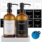 Thick Glass Soap Dispenser - Kitchen Dish Hand Soap Dispenser Set, Rustproof Pump Soap Lotion Dispenser Bathroom with Tray,14 Stickers for Kitchen Decor Amber Bottle/Black Pump