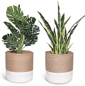 Smoofy 2 PCS Modern Woven Basket, Cotton Rope Plant Basket for 10 Inch Flower Pot Floor Indoor Planters, Storage Organizer Rustic Home Decor, White Beige Stripes, 11 Inch x 11 Inch(No Plant)