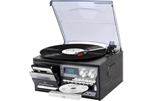 PAREIKO 9 in 1 Vinyl 3 Speed Record Player with Bluetooth Turntable for Vinyl with Built-in Speakers USB Playback CD Cassette FM AM Raido Aux in RCA Out Vintage