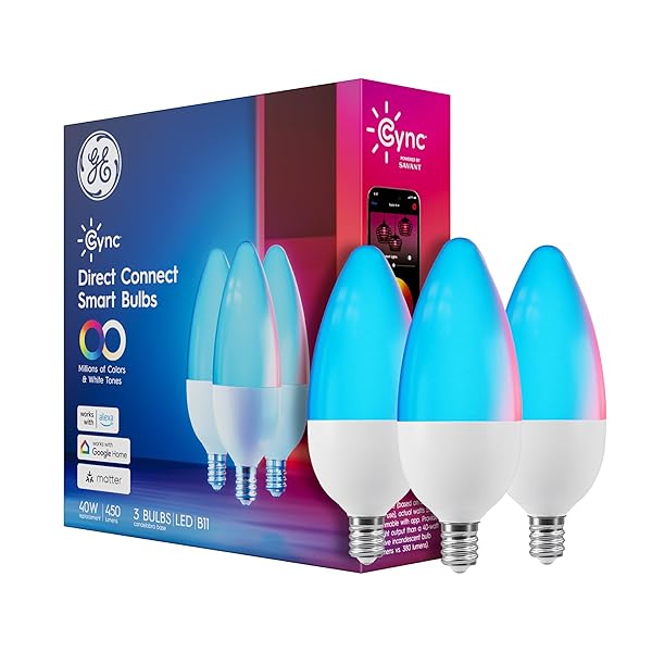 GE CYNC SMART LED LIGHT BULBS, COLOR CHANGING DECORATIVE LIGHT BULBS, INDOOR WIFI LIGHTS, MATTER COMPATIBLE, COMPATIBLE WITH ALEXA AND GOOGLE HOME, CANDELABRA BASE (3 PACK)