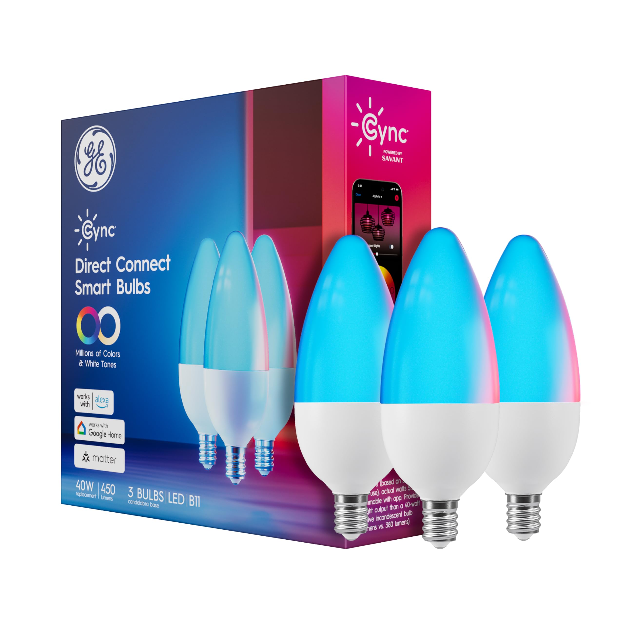 Photo 1 of *****Factory seal*****

GE Cync Smart LED Light Bulbs, Color Changing Decorative Light Bulbs, Indoor WiFi Lights, Matter Compatible, Compatible with Alexa and Google Home, Candelabra Base (3 Pack)