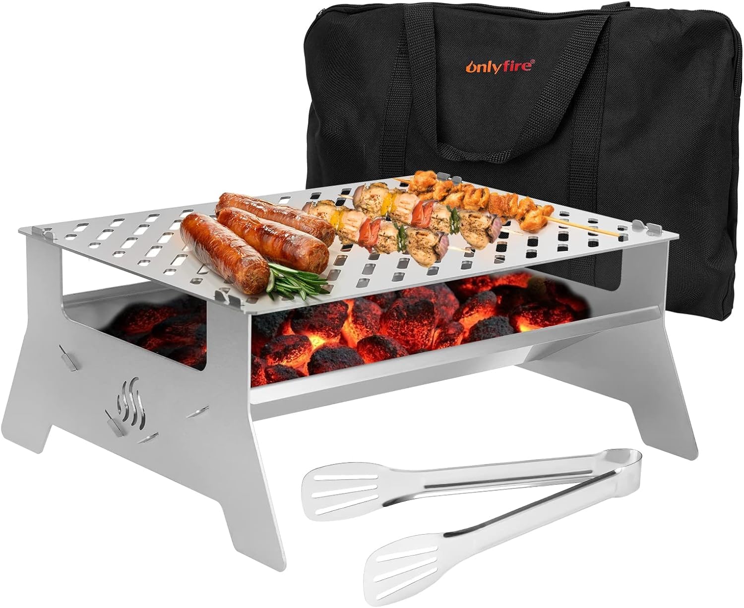 Onlyfire Portable Barbecue Grill, Stainless Steel Charcoal BBQ Detachable Grilling System with Tongs & Cover for Outdoor Picnic, Camping, Travel 14"x12.2"x6"