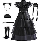 VORLITS Girls Black Costume Dress for Kids Black Halloween Costumes Cosplay Party Dress With Wigs