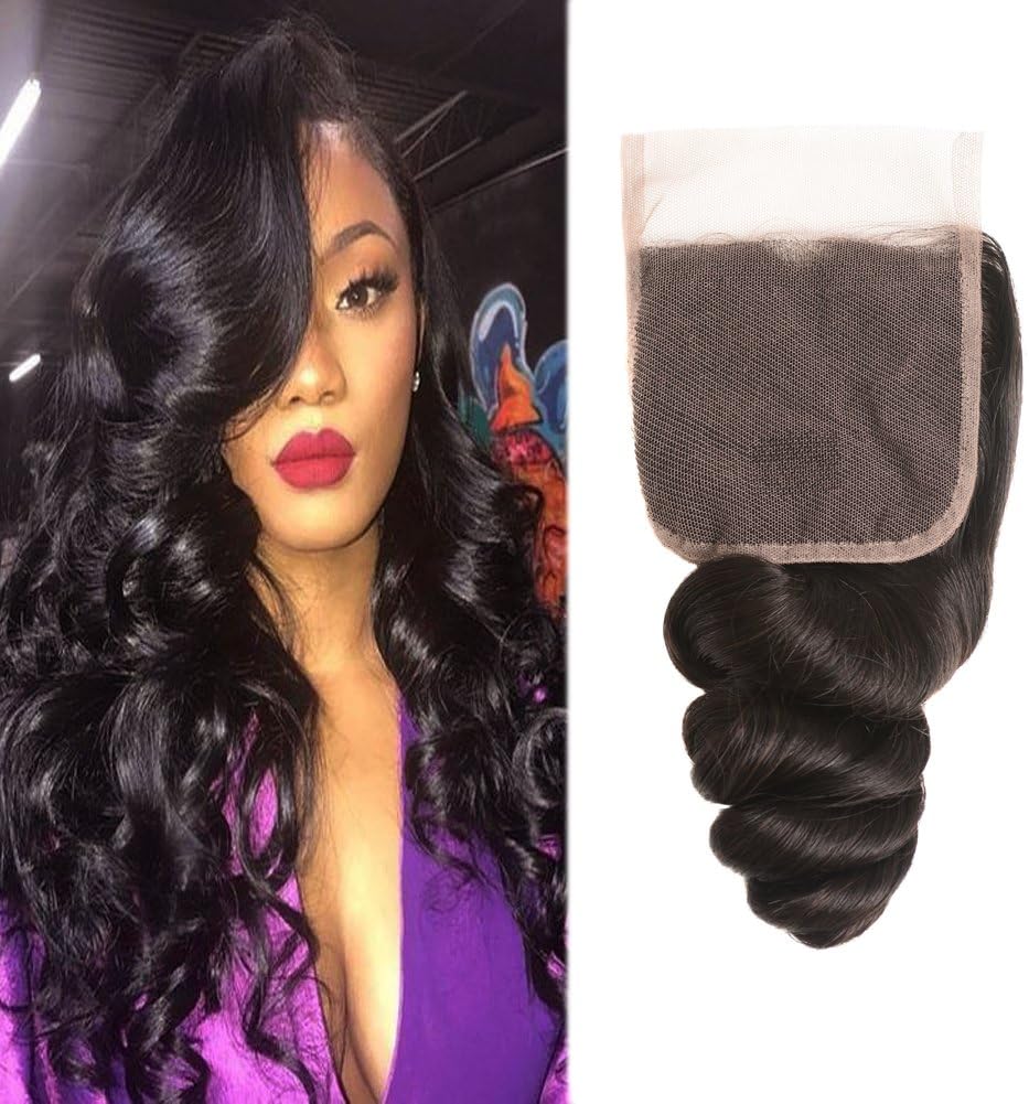 Huarisi Free Part Brazilian Hair Closure with Baby Hair Loose Wave Lace Closure 7a Grade Medium Length Silky Wavy Human Hair Prime 16 Inches 1 Piece a Lot