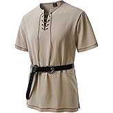 JEMITOP Men's Pure Cotton Retro Short Sleeves Lace Up Shirts for Casual Renaissance Pirate Medieval Viking Without Belt
