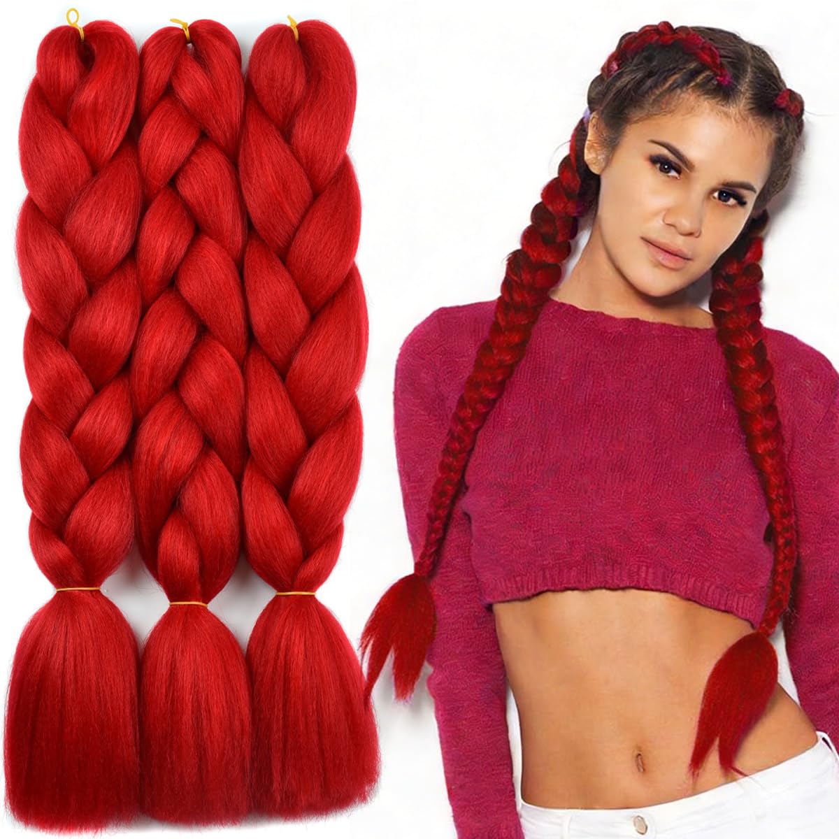 BUYOGET Jumbo Braiding Hair Extensions for Women 3 Bundles 24 Inch High Temperature Kanekalon Braiding Hair for Twist Crochet Box Braids Red