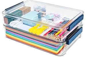 CATOOMUU 2 Pcs 5.5qt 9 x 13 Plastic Portable Project Case With Snap-Tight Latch Clear Stackable Storage Box With Lids Organizer Container For A4 File Photo Documents Scrapbook Craft Art Supplies