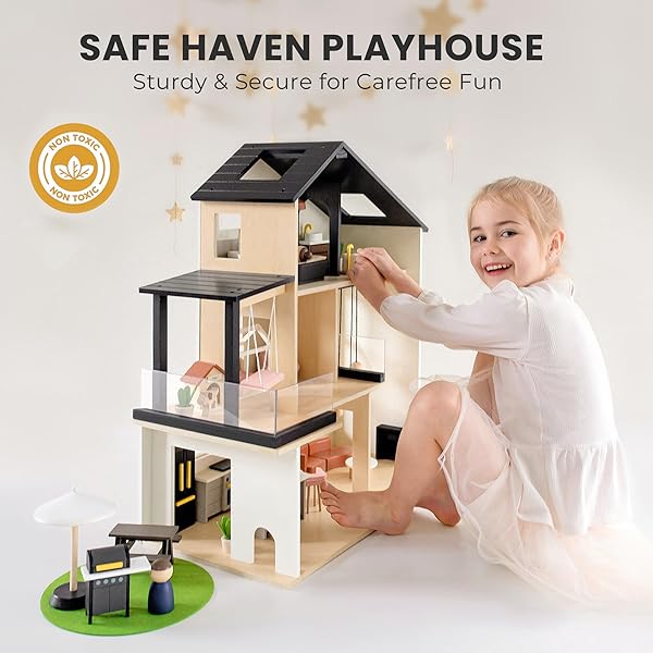 TINY LAND DOLL HOUSE, MODERN FAMILY DOLLHOUSE WITH REALISTIC DESIGN, WOODEN DOLLHOUSE WITH 53PCS FURNITURE – IDEAL GIFT FOR KIDS AGES 3+
