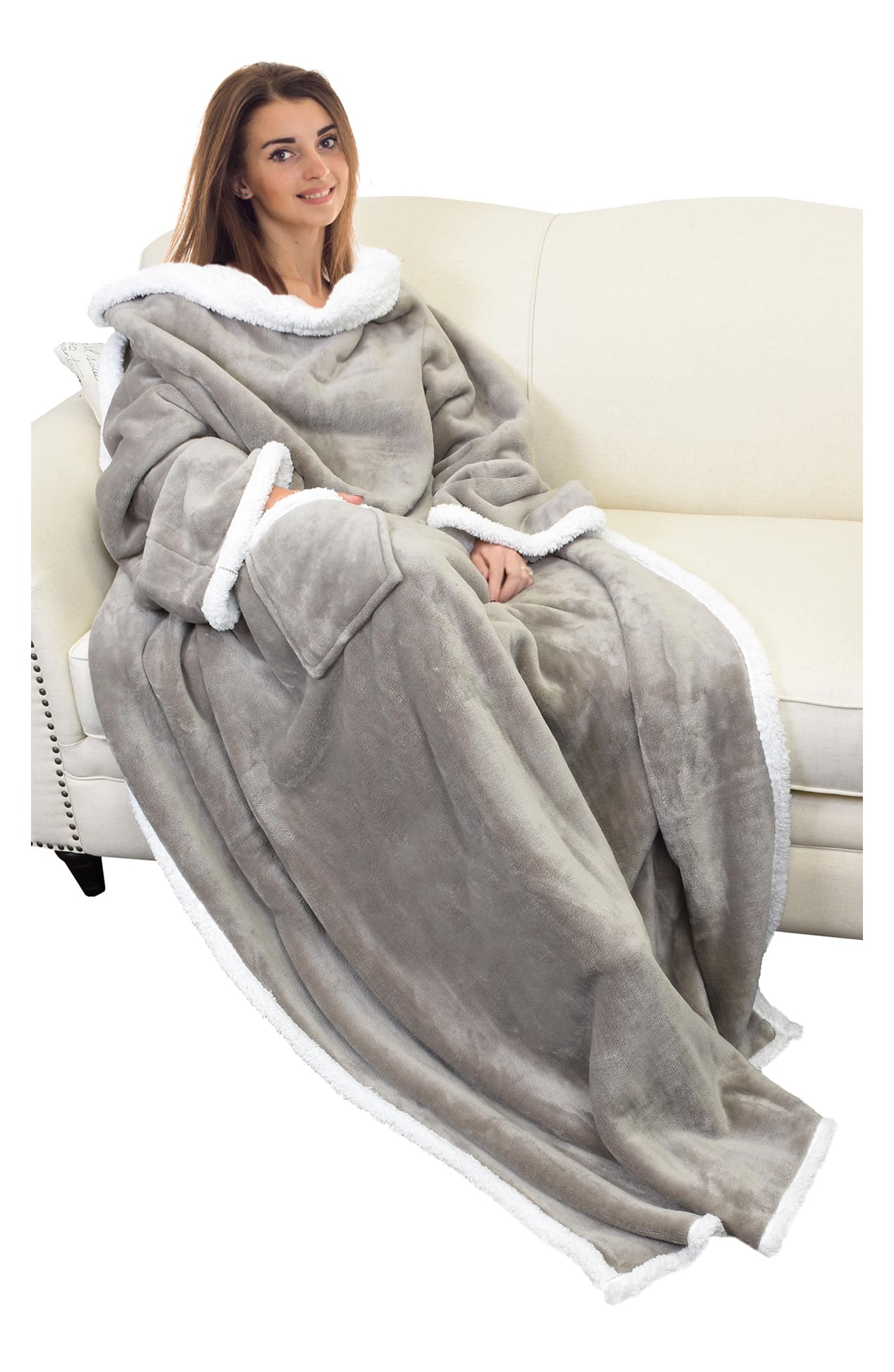 Catalonia Sherpa Wearable Blanket with Sleeves Arms, Comfy Sleeved TV Wrap Blanket, Large Snuggly Throw for Women and Men, Gift for Her Image