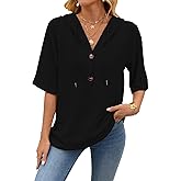Women's Short Sleeve Tops Waffle Knit Hoodies Drawstring Button V Neck Casual Blouses Shirts Spring Summer Outfits